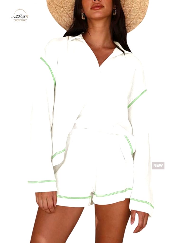 Waffle Knit Lounge Set 2-Piece Outfit Long Sleeve Top Shorts Loose Fit